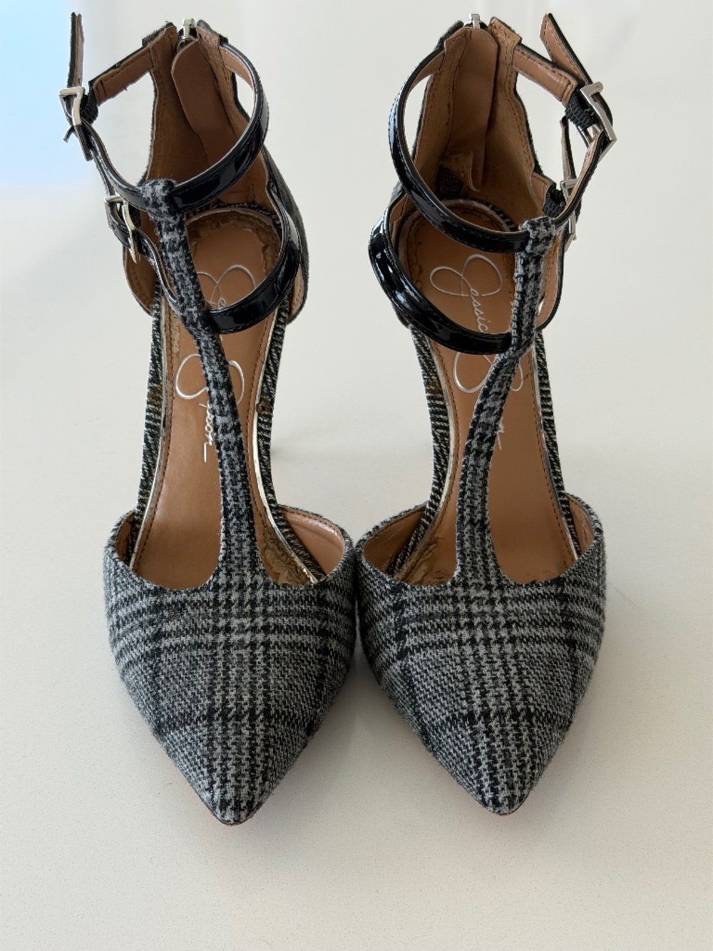 Jessica Simpson Pyllah Black White Plaid High T-Strap Pointed Toe Dress Pumps